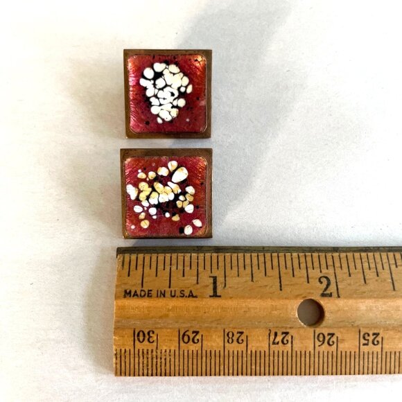 Vtg 50’s Matisse Renoir Square Brass Clip-On Earrings Red White Enamel Abstract - Picture 5 of 6